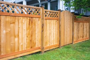Nice wooden fence around house. Wooden fence with green lawn. Street photo, nobody, selective focus